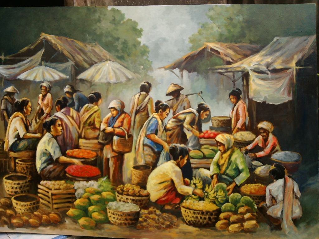 Lukisan Keramaian Pasar Lukisan Realis Naturalis Mashuri Sragi